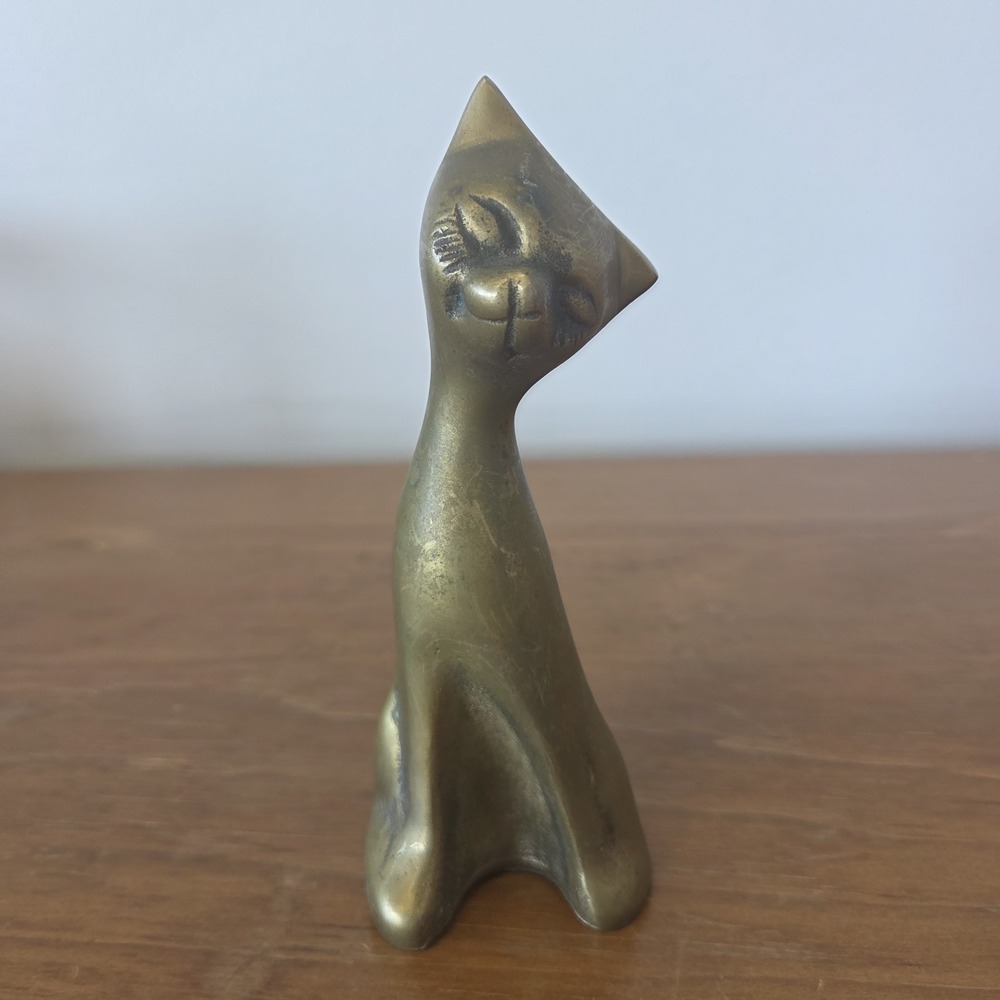 Vintage Brass Cat Figurine Sitting Retro MCM Style 6"